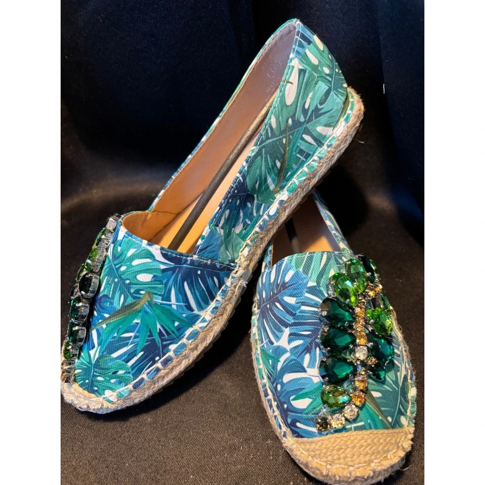Lauren Lorraine Espi Green Tropical Palm Leaf Crystal‎ Espadrille Flats Mens 6